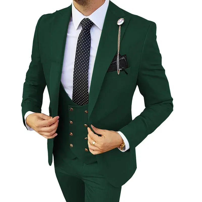 Men 3 Piece Set (Jacket+Pants+Vest) 2024 Wedding Dress Elegant Suit For Male Wine Red Single Button Fashion Blazer Business Sets