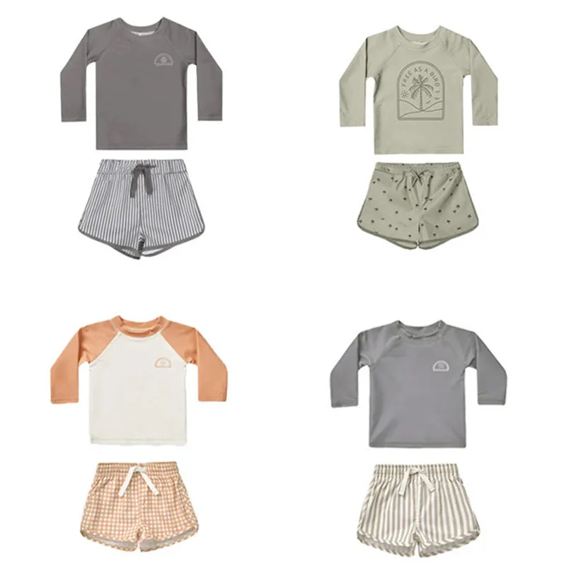 deer jonmi Baby Boys Summer New Swimwear Sets Long Sleeve Tops Printed Shorts 2pcs Beach Vacation Toddlers Kids Swimsuit Outfits