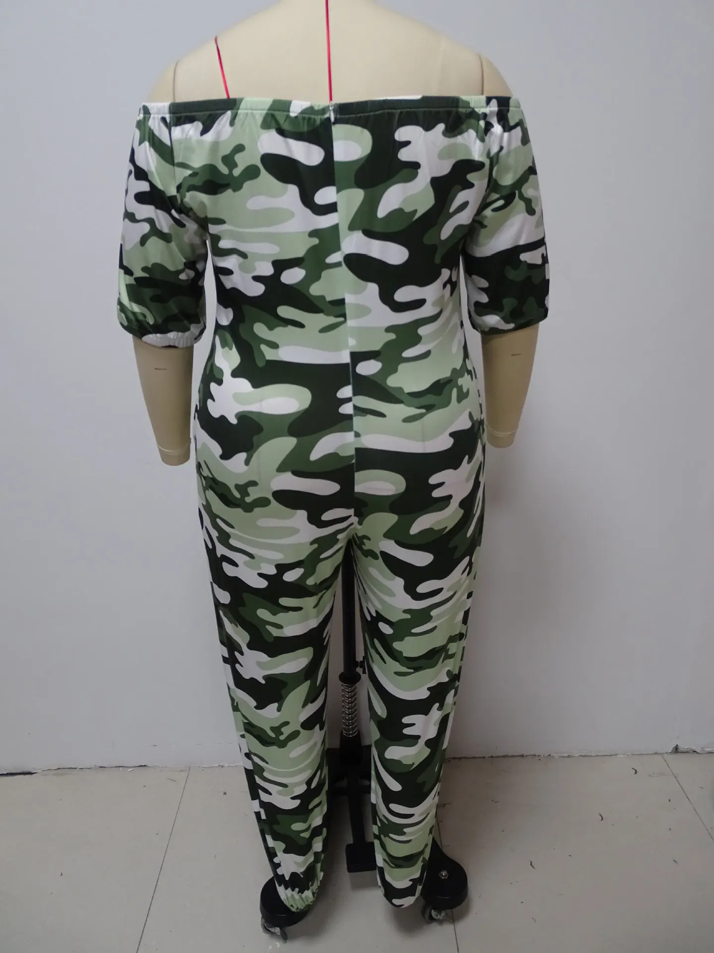 Plus Size Camo Jumpsuit Off Shoulder Pocket One Piece Outfit Women Sexy Pencil Pants 2023 Summer Female Fashion Jumpsuits