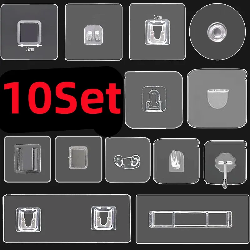 5/10set Punch-Free Multi-Purpose Hooks Nail-Free Adhesive Wall Hooks Double-Sided Transparent Strong Hooks For Bathroom Storage