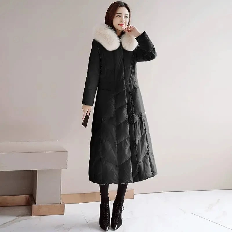 Women Long WhiteParka Winter Korean Down Cotton Padded Jacket Women's Slim Female Gree Big Fur Collar Padded Thicker Warm Jacket