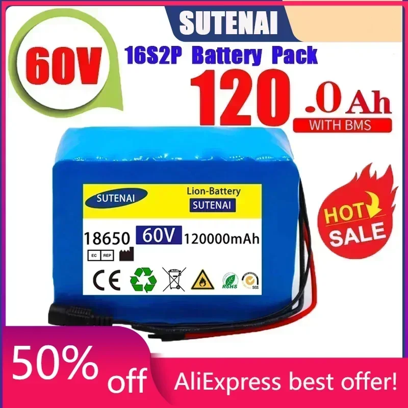 

60V 16S2P 120Ah 18650 Li-ion Battery Pack 67.2V Lithium Ion 120000mAh Ebike Electric bicycle Scooter with 30A BMS 750W 1000Watt