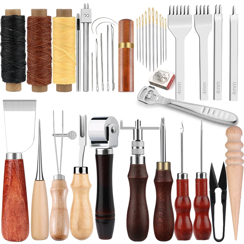 KRABALL Professional Leather Craft Tool Kit Hand Sewing Repair Kit Wax  Thread Stitching Punch Carving Work