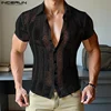 INCERUN 2025 Tops Tee Streetwear Solid Color Stripe Men Shirt Lapel See Through Hollow Out Mesh Summer Shirt Men's Clothing