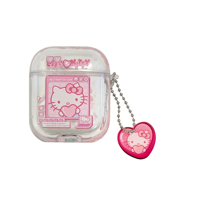 For Airpods Case 2024,Hello Kitty Quicksand Glitter Pink Hard PC
