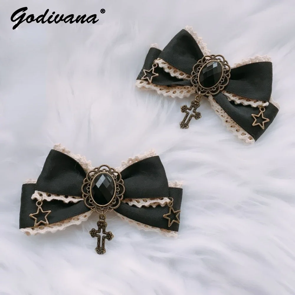 Black Headwear Tiaras Retro Gothic Side Clip Lolita Headdress Barrettes Accessories Lace Bow Cross A Pair of Hairpin Ornament retro trend multi color pu leather metal cross butterfly buckle women s decorative belt jeans skirt accessories 105cm