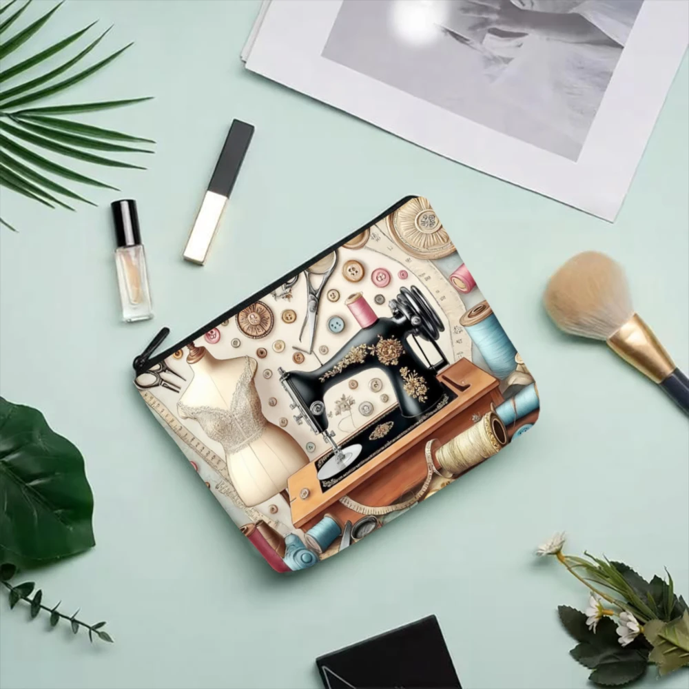 Kosmetiktasche mit Vintage-Nähmaschinen- und Stoffdruck, Make-up-Organizer mit Reißverschluss, leicht, faltbar, Reiseetui, Aufbewahrungstasche – Detail 5