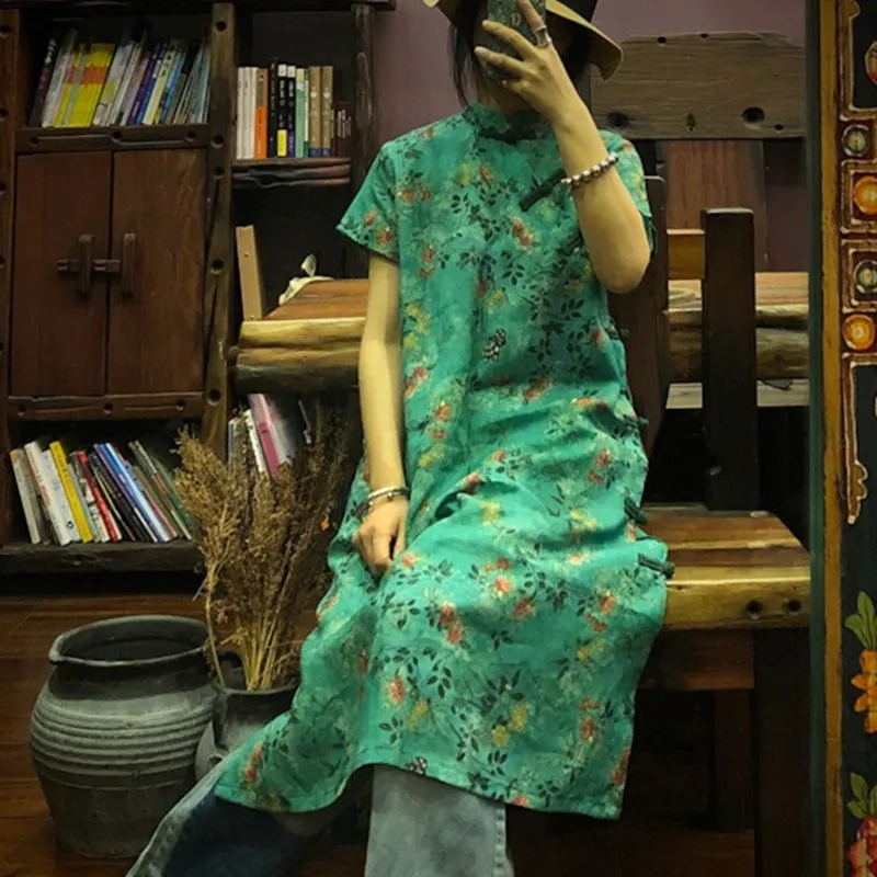

Summer Thin Long Shirt Dress Improved Loose Cheongsam Retro National Style Floral Print Frog Button Short Sleeve Dress
