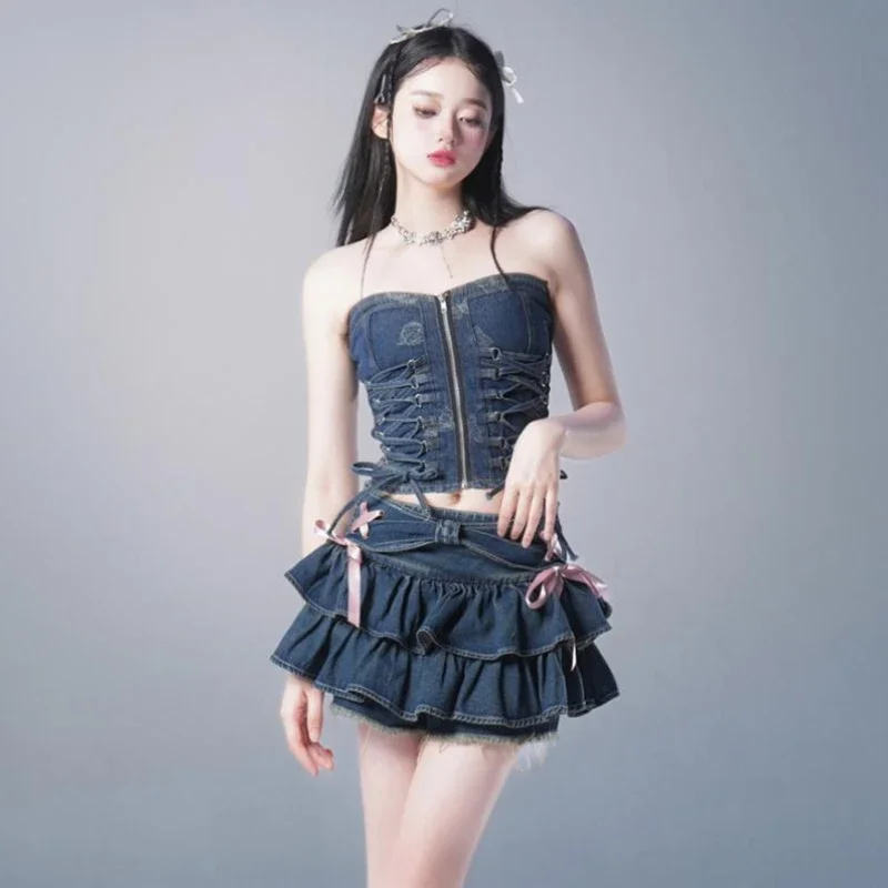 여성용 미니 데님 스커트, 스위트 카와이 활 빈티지 Y2k 의류, 미국 스트리트웨어, 섹시한 여름 A 라인, 고딕 스타일