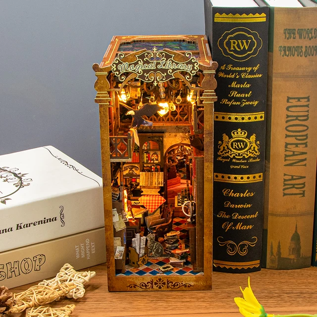 Bookshelf set Doll House Wooden Lighted DIY Book Nook Kit 3D Puzzle Assembly Building Model Bookends For Adults Birthday Gifts 4