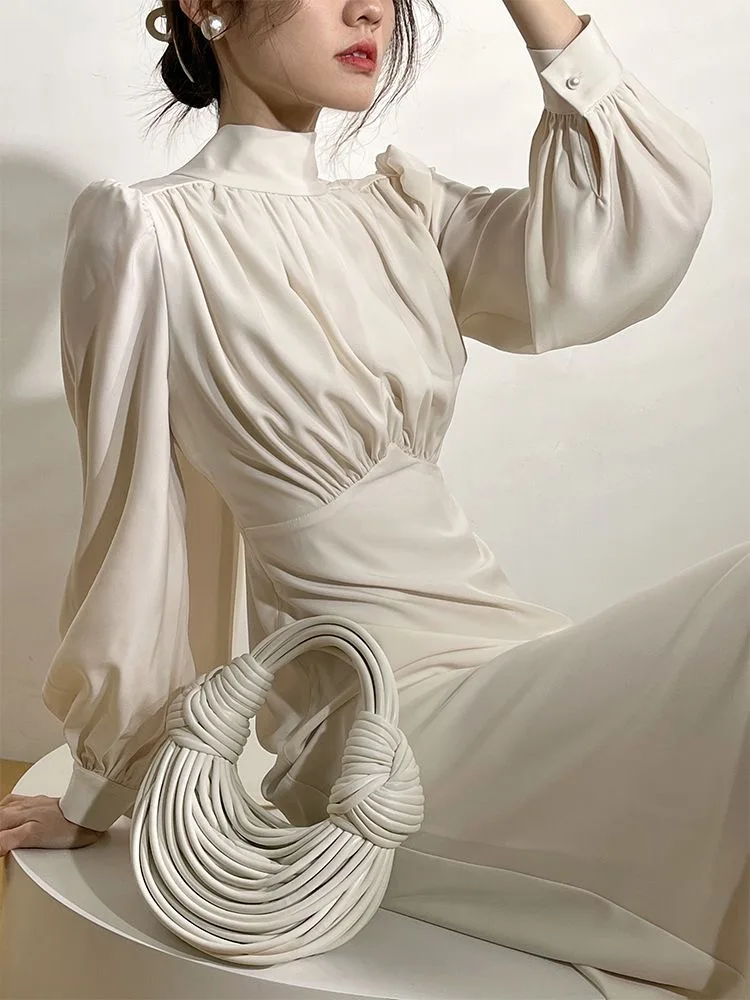 

Winter Dresses for Women's Satin Long Sleeves Elegant Office Lady Dresses Korean Appear thin Long Dresses Women 's Clothing