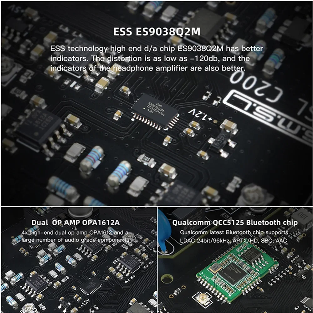 SMSL C200 USB DAC 헤드폰 앰프, OPA1612A * 4 TRS 밸런스드 4.4mm 6.35mm 출력, PS4 PS5 용 블루투스 5.1 HiFi 디코더, ES9038Q2M