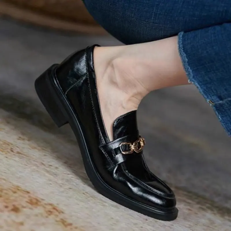 2024 NEW English Style Spring Split Leather Women Shoes Casual Slip-On Loafers Square Toe Chunky Heel Shoes Woman Pumps Handmade