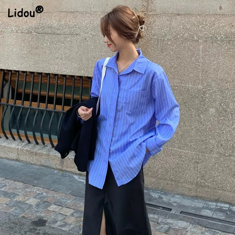 Women's Clothing Thin Allseason Striped Shirts Turn-down Collar Button Pockets Loose Preppy Style Street Casual Neutral Fashion