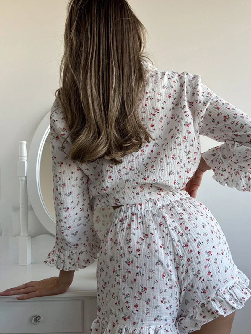Marthaqiqi Printing Women Nightgowns Set Sexy Turn-Down Collar Pajamas Long Sleeve Nightwear Shorts Casual Ladies Sleepwear Suit