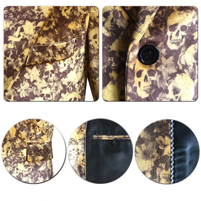 Men Digital Printing Velvet Fabric Blazer Floral Pattern Pleuche Suit Jackets Digital Printed Skull Pattern Flannel Suit Blazers