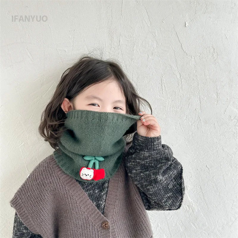 3-8Y Children's Scarf Neck Cover Windproof Mask Autumn and Winter Solid Color Cartoon Baby Knitted Bibs Scarves Boys and Girls