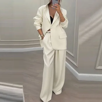 Autumn Casual Women's Suit Set Sexy Turn-down Collar Button Blazer & Straight-leg Pants Set Winter Solid Long Sleeve Chic Outfit 1