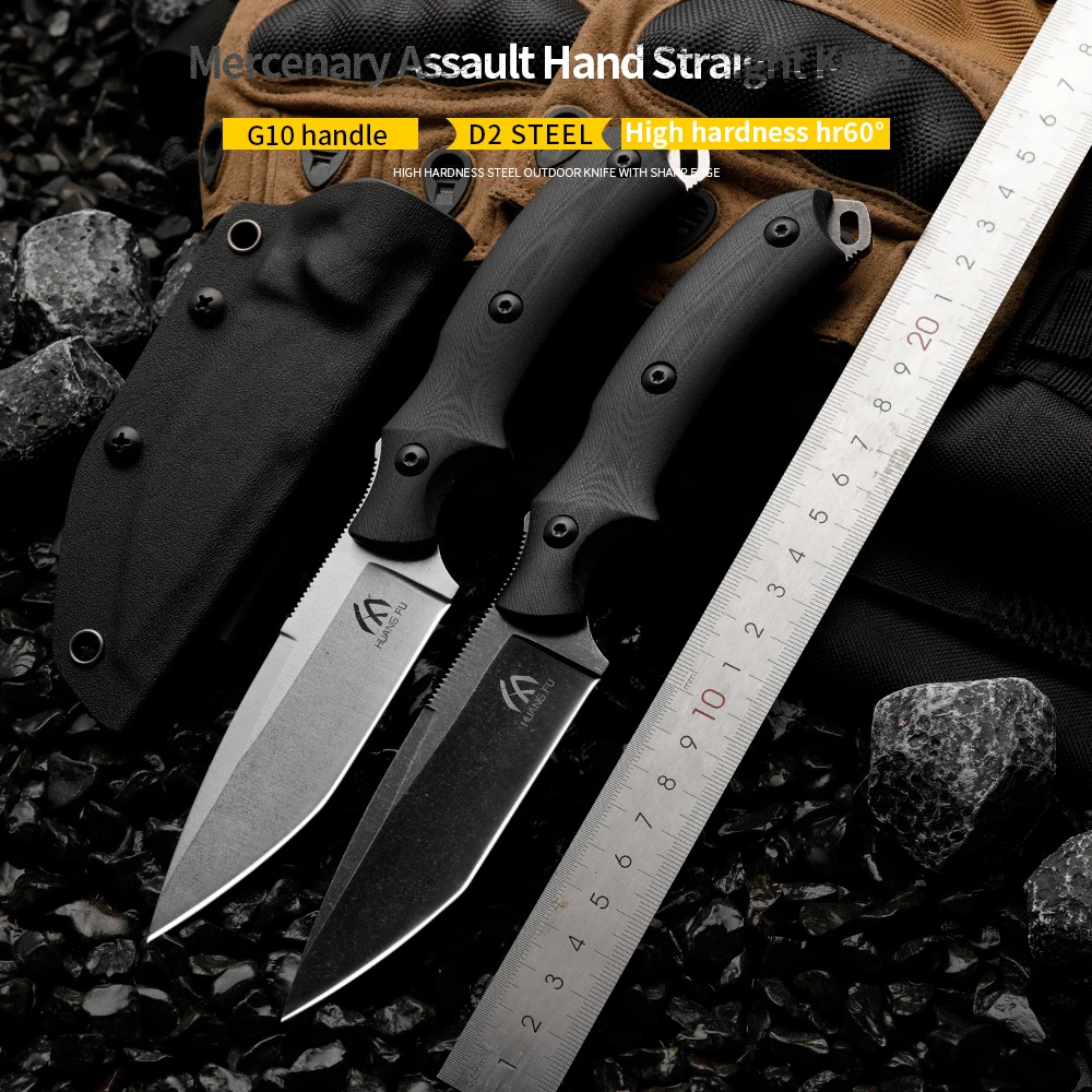

HUANGFU D2 Steel Outdoor Knife Fixed Blade Hiking Hunting Knife Survival Rescue Knife Self Defense Knife Gift for Men
