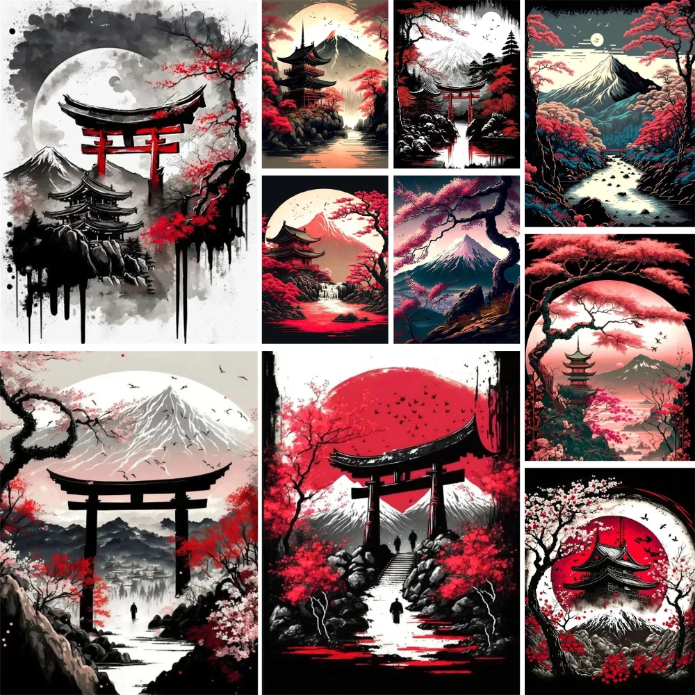 Cross stitch kit Meian Landscape Torii Moon Tower Printed 11CT Cross-Stitch Embroidery Kit Painting Needlework Handiwork Knitting Design Mulina