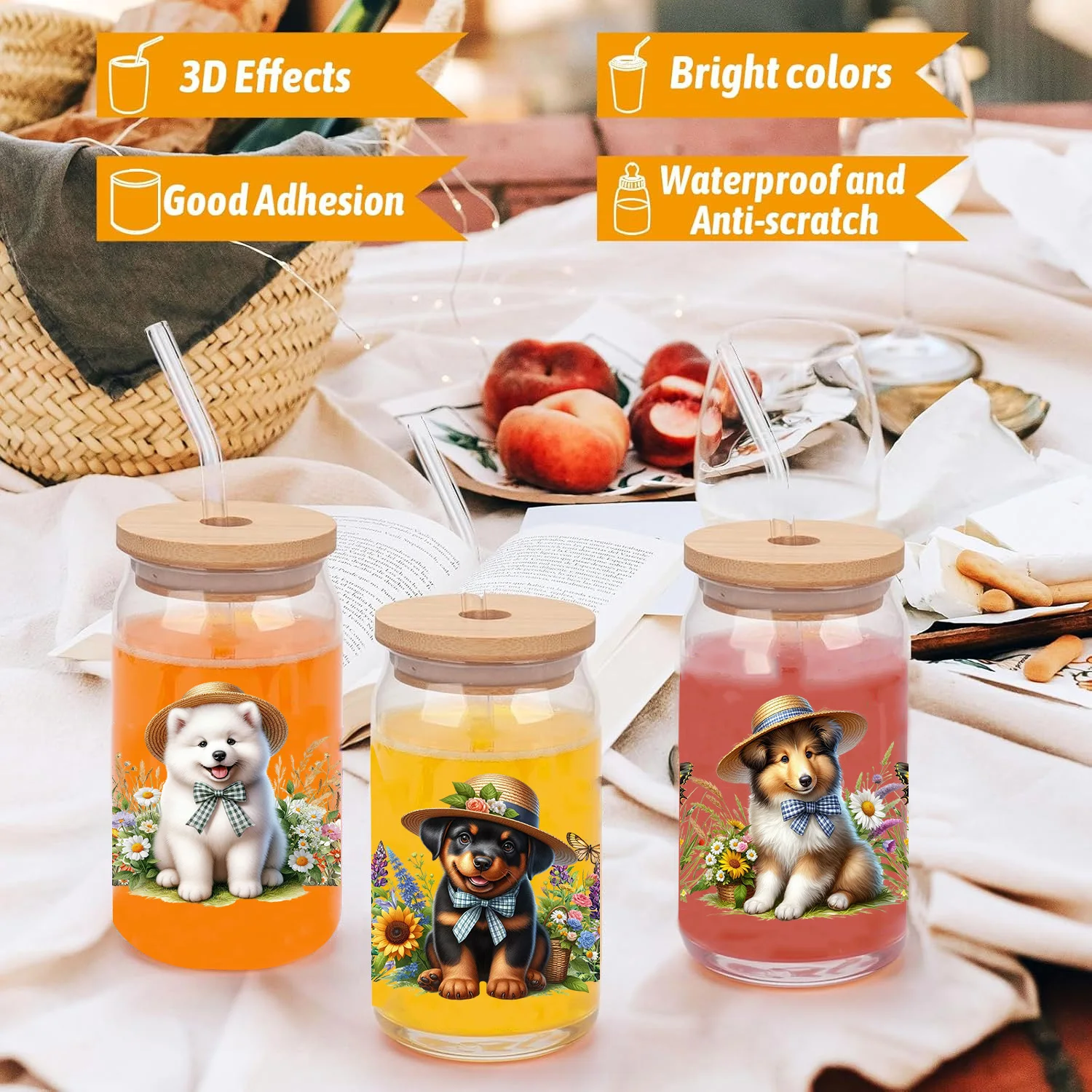 Lovely dog peel waterproof DIY Decals 3D transfers uvdtf crystal stickers 16oz uv dtf cup wraps for Libbey Glasses 3d Stickers Cup Wraps Uv Dtf Wrap Transfer