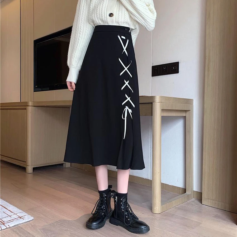 Rimocy Cross Lace Up Black Long Skirt Women 2022 Spring High Waist Midi Skirts for Woman Loose Goth Skirts Female Plus Size 2XL pink skirt