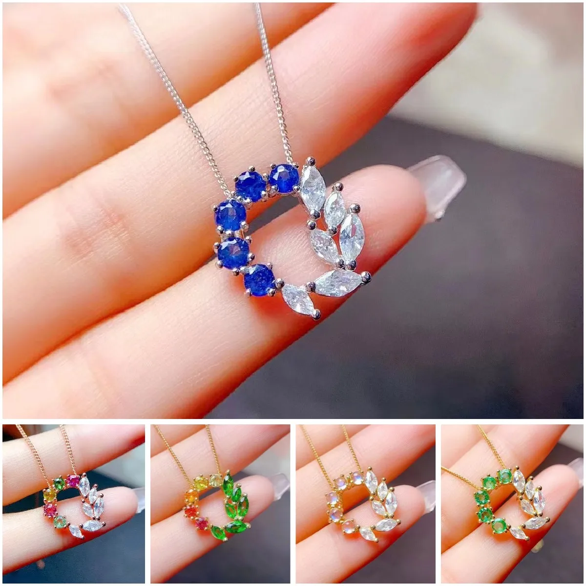 

FS Natural Sapphire/Emerald/Moonstone Wreath Pendant Necklace S925 Sterling Silver for Women Fine Fashion Charm Jewelry MeiBaPJ