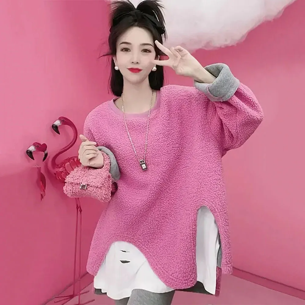 

Women's Thicken Sweatshirts 2023 Autumn Winter New Irregular Splice Fake 2 Piece Pullovers Female Imitation Lamb Plush Warm Tops
