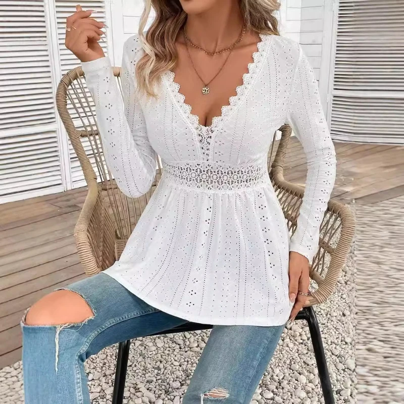 New Spring and Autumn 2026 Fashion Women's V-Neck Lace Shirt Elegant Embroidery Fashion White Long Sleeve T-Shirt Slim Blouse