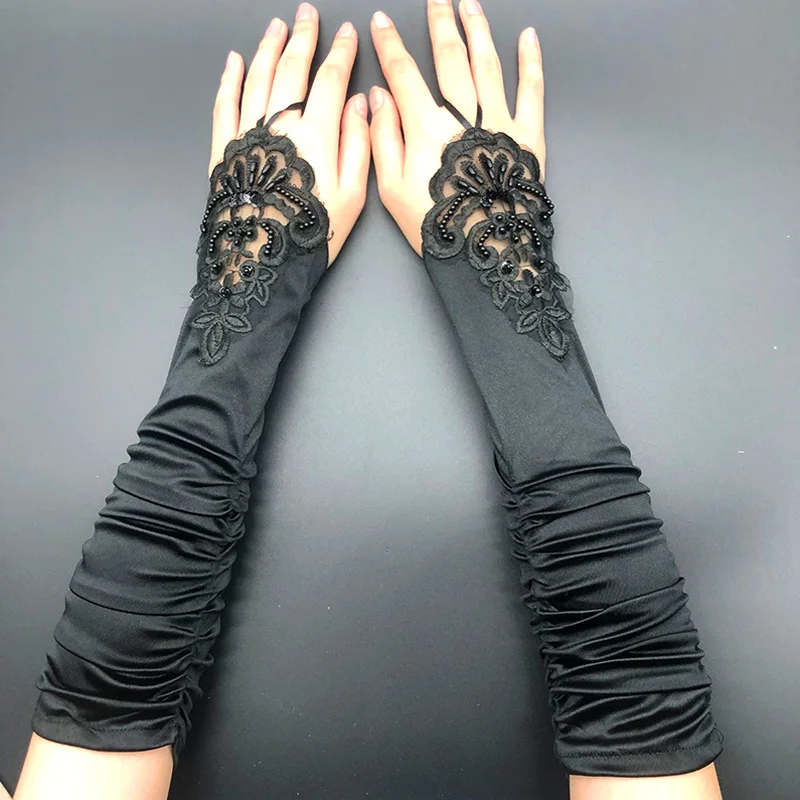 

Women Halloween Pleated Flower Lace Pearl Beads Satin Gloves Arm Sleeves Long Glove Christmas Party Fingerless Elegant Elastic