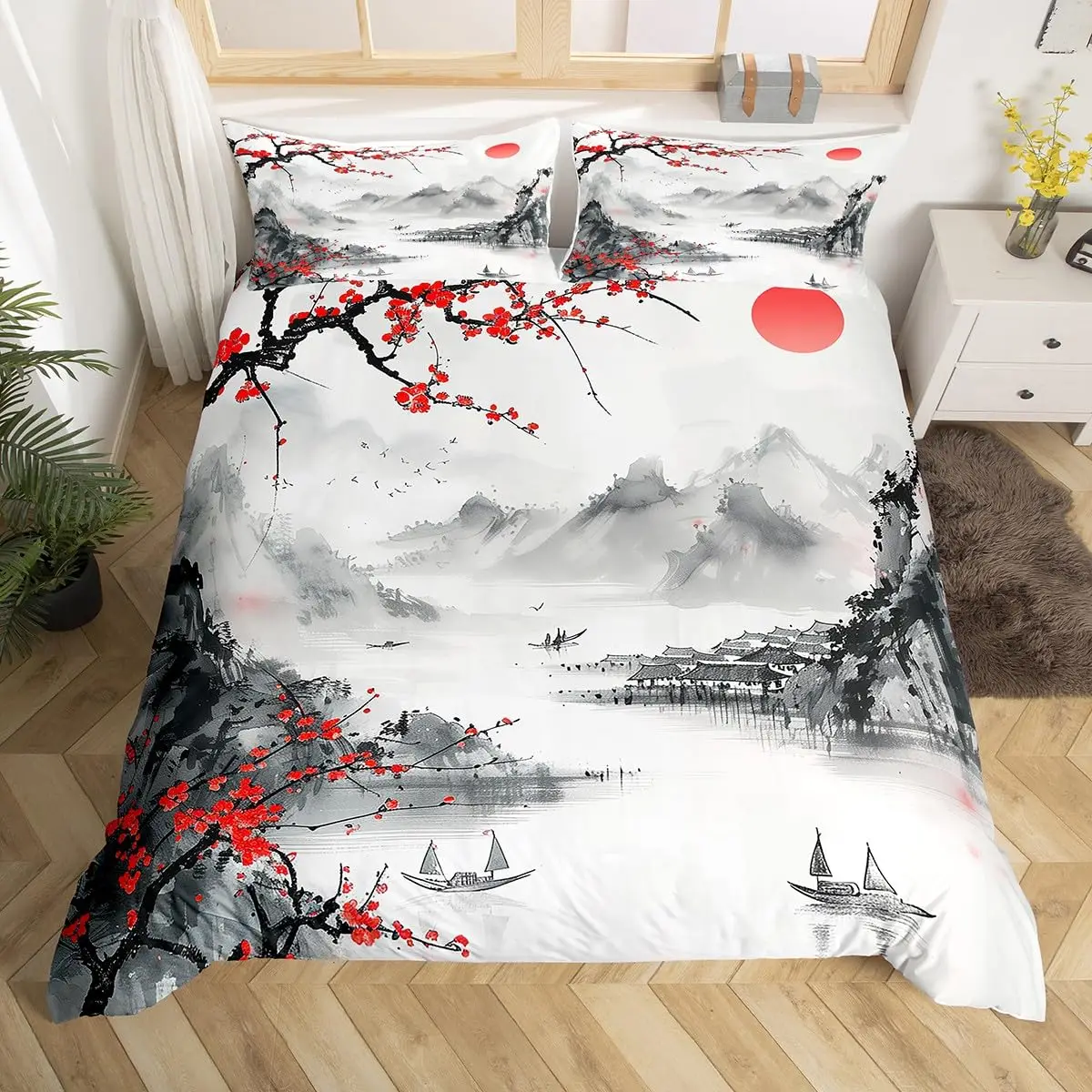 Cherry Blossoms Bedding Set Japanese Style Theme Pink Comforter Cover Set Printed Duvet Cover with Zipper Couple, Twin Size 3