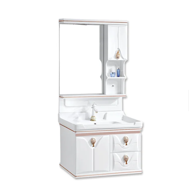 White Wall Mounted PVC Bathroom Cabinet With Ceramic Basin And Mirror Pvc Bathroom Cabinet Led Mirror