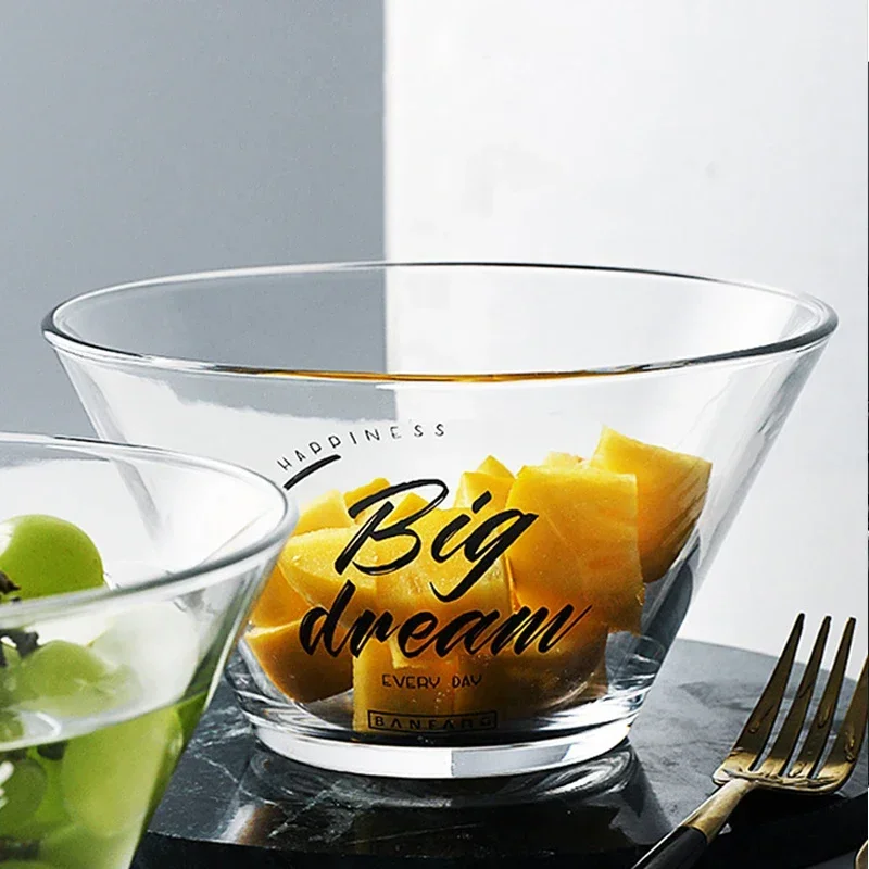 Transparent Glass Salad Bowl English Letter Dinner Plates Soup container Deep Dish Dinnerware Kitchen Accessories For Fruit Soup
