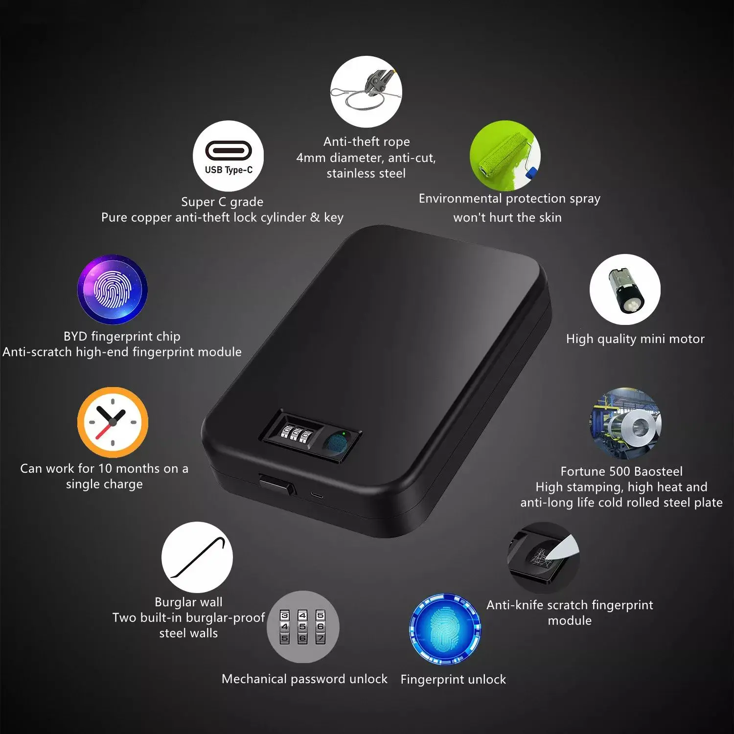 Portable Travel Fingerprint Pistol Safe Waterproof Moisture-Proof Box Mini Handgun Gun Safe with Steel Rope