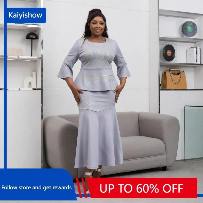 

African Clothes for Women Spring Autumn African 3/4 Sleeve Polyester Gray Navy Blue 2 Pieces Sets Top Long Skirt Matching Sets