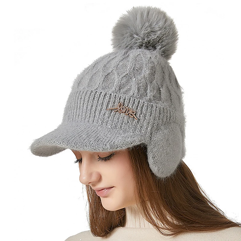 Tykke kanin høreværn Baseball kvinders vinter udendørs kuldesikret varmt hår Bolde strikket kasket Skullies Beanies_voghion.com