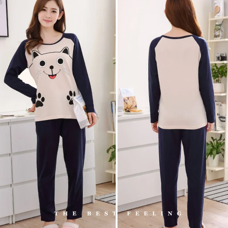 Cartoon Cotton Pajamas Women's Spring and Autumn Models Long-sleeved Home Service Women's Simple Loose Casual Suit Large Size - Image 3