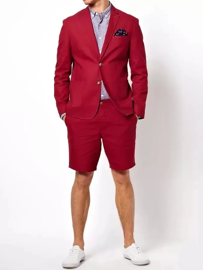 Red Fashion Summer Jacket Short Pants Men Suits Casual Slim Fit Blazers Hombre High Quality Custom 2 Piece Set Costume Homme