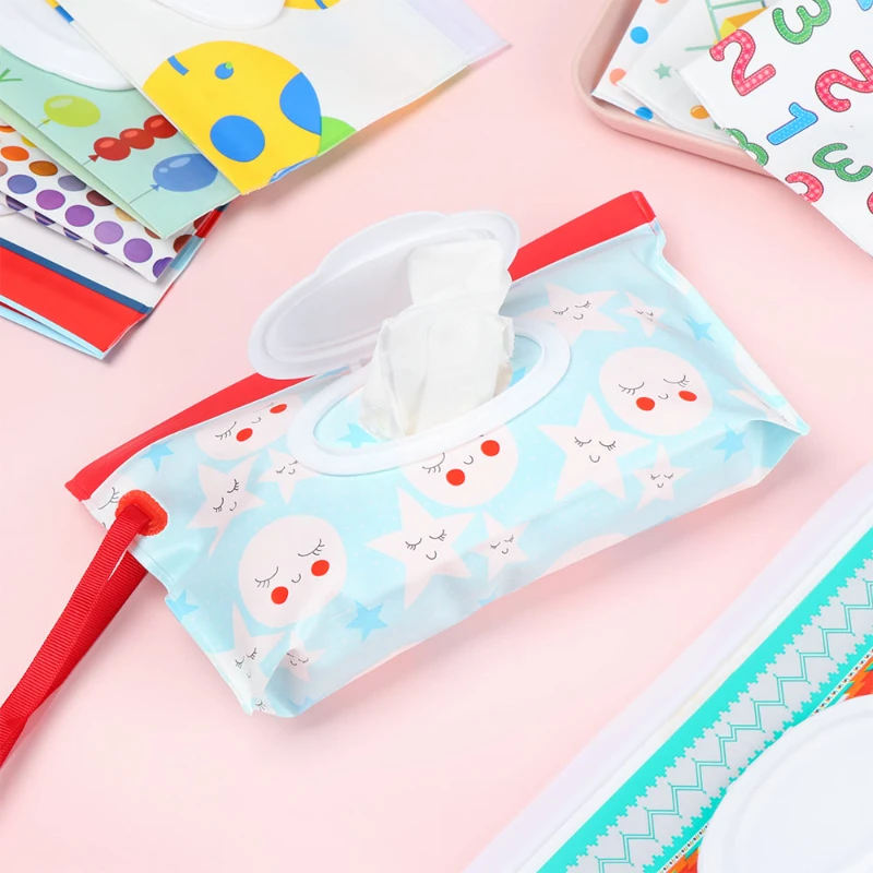 

Baby Stroller Accessory EVA Baby Wet Wipe Pouch Cute Snap-Strap Refillable Wet Wipes Bag Flip Cover Tissue Box Outdoor Useful