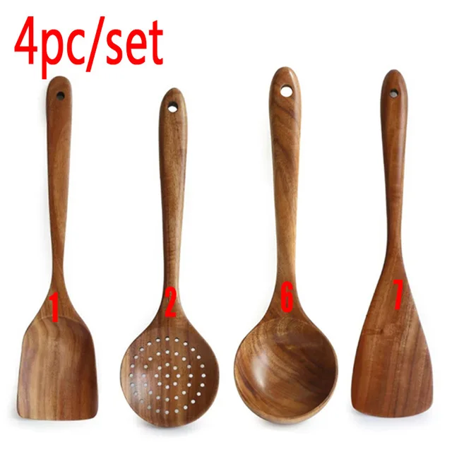 Elegant Teak Wooden Kitchen Utensils - Natural Cooking Spoon Set (1-9 Pieces)