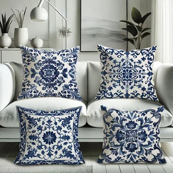 4pc Bohemian Blue and White Floral PillowcaseSuitable for sofa 1