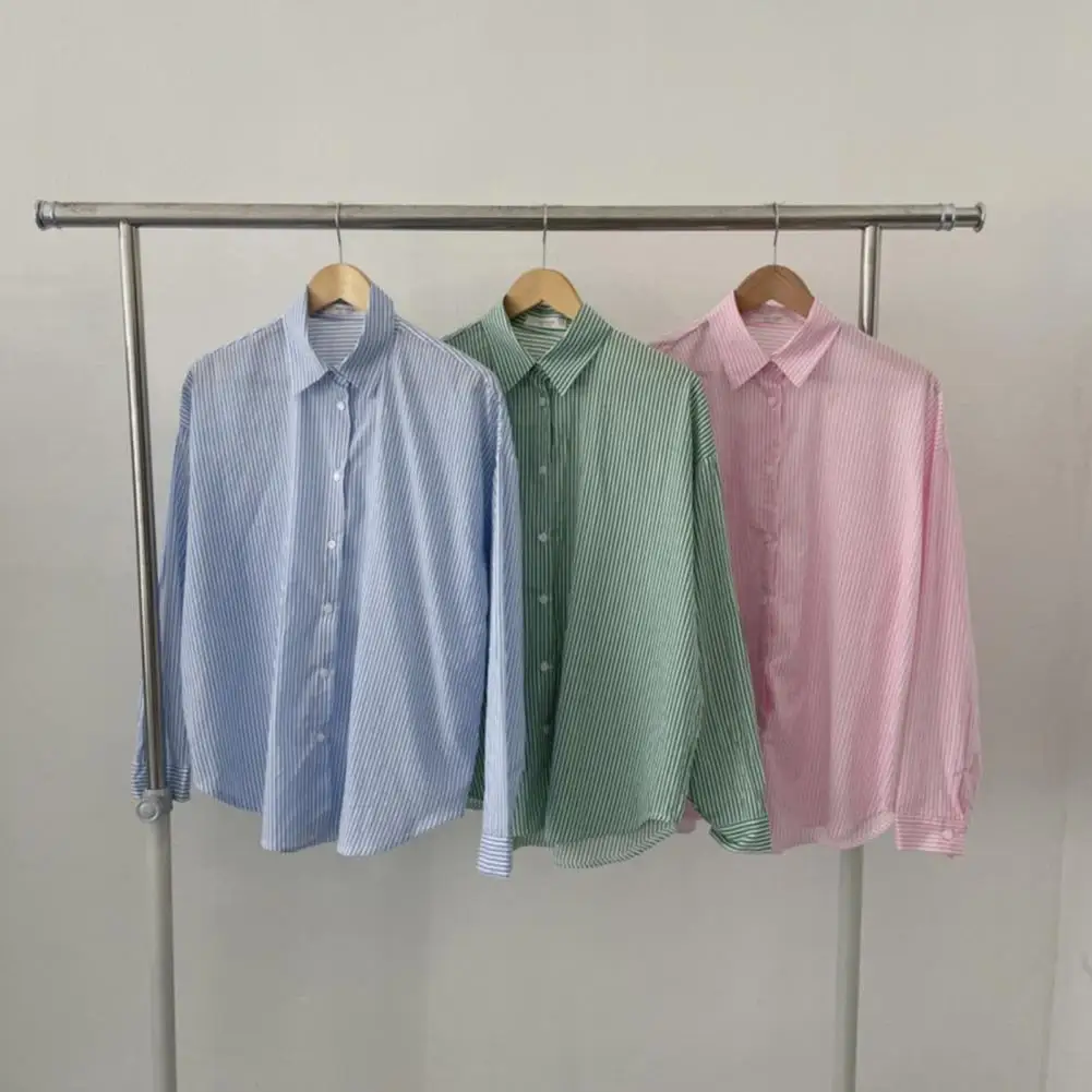 

Рубашка женская свободного кроя, мягкая эластичная рубашка с отложным воротником и длинным рукавом, с принтом в полоску, удобная одежда для работы или улицы