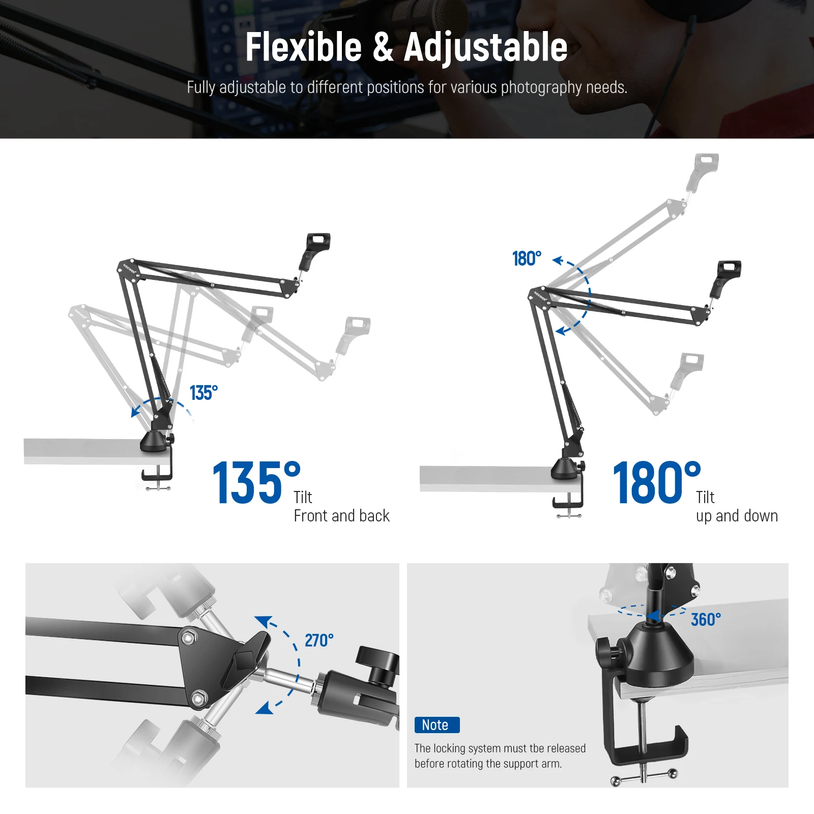 Microphone Arm Stand, Suspension Boom Scissor Mic Arm Stand with 3/8” to 5/8” Sc