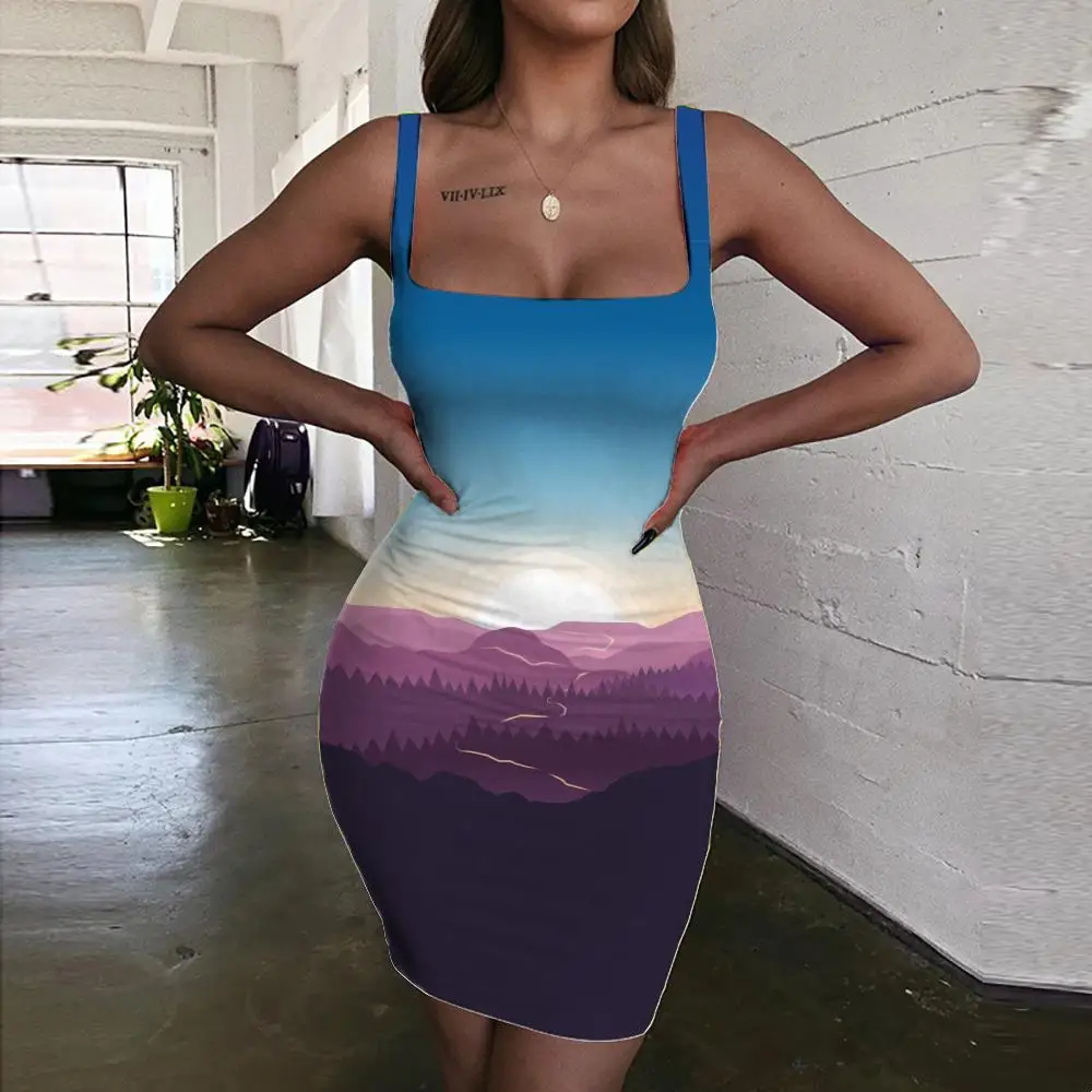 

KYKU Brand Forest Dress Women Landscape 3d Print Loveliness Halter Sleeveless Individuality Bodycon Dress Womens Clothing