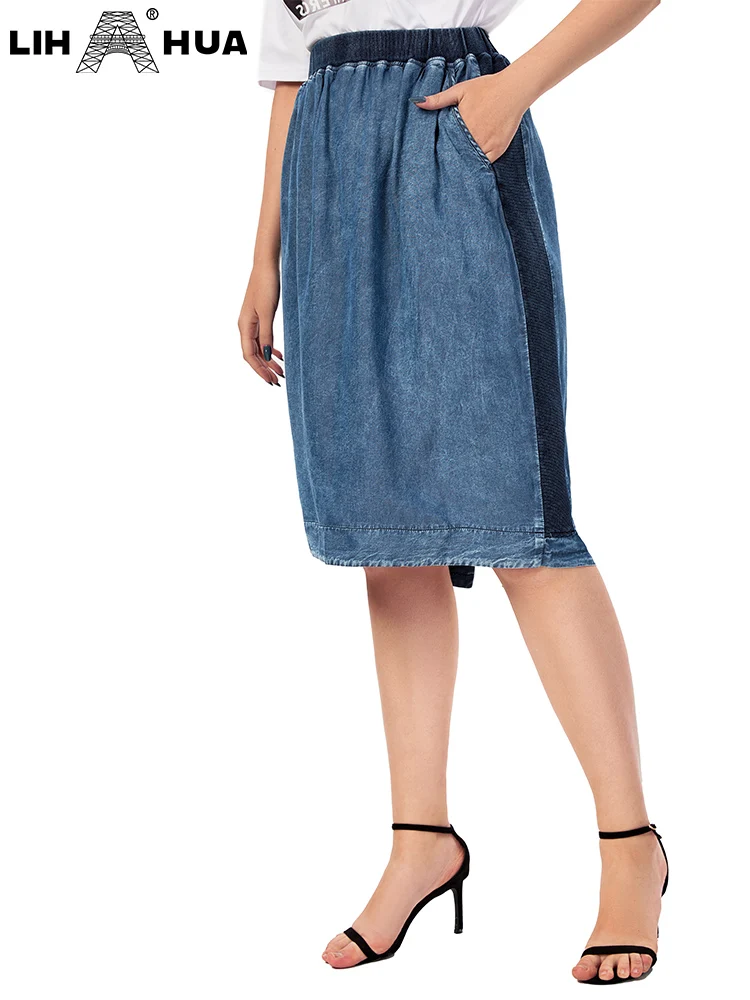 Plus Size Denim Skirt Elastic Waist Plus Size Denim Skirts Knee