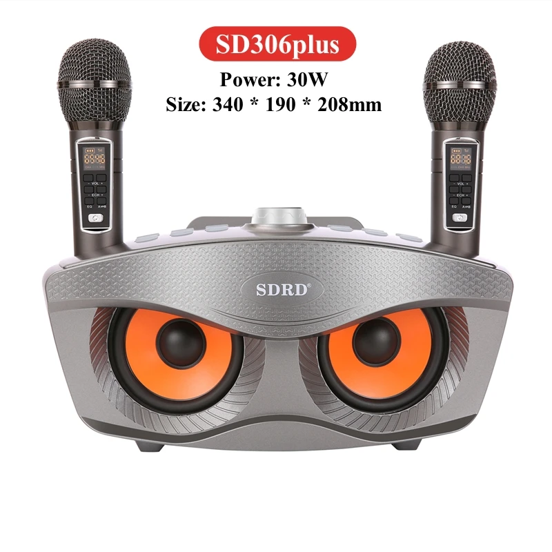 Фото Профессиональная караоке-машина SD306Plus, Беспроводная Bluetooth-колонка с двойным микрофоном, портативная наружная семейная система KTV мощностью 30 Вт №1