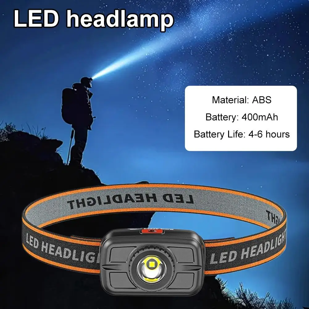 400mAh 야외 하이킹 캠핑 헤드램프 USB C 충전식 헤드 라이트 LED 센서 헤드라이트 작업용 전면 헤드 램프