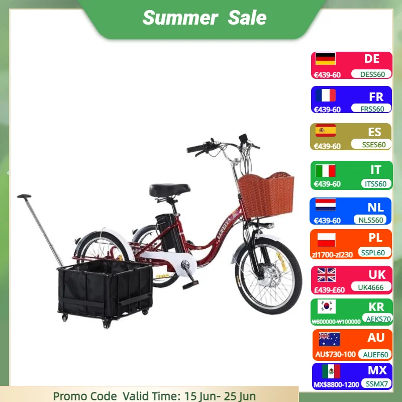 Adult Electric Tricycles With Pull Basket Seat Three Wheel 48V 350W Fashion Electric City Bike Women Lithium Battery