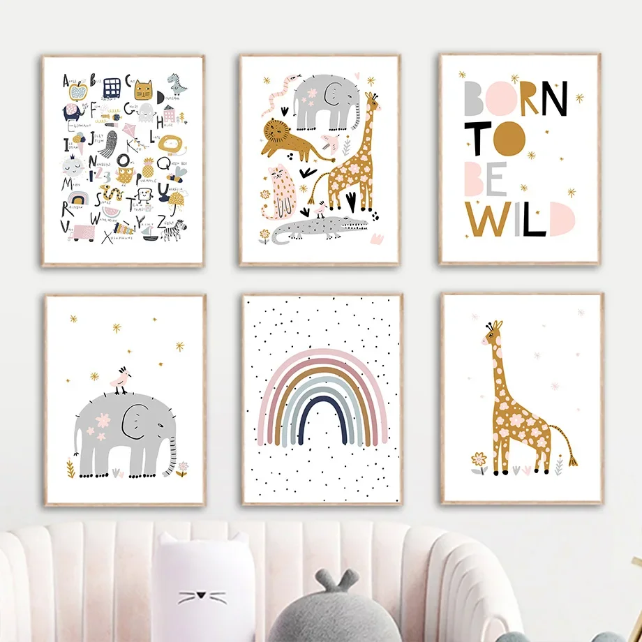 

Cute Giraffe Elephant Lion Cat Rainbow Nursery Wall Art Nordic Posters And Prints Canvas Painting Pictures Baby Kids Room Decor