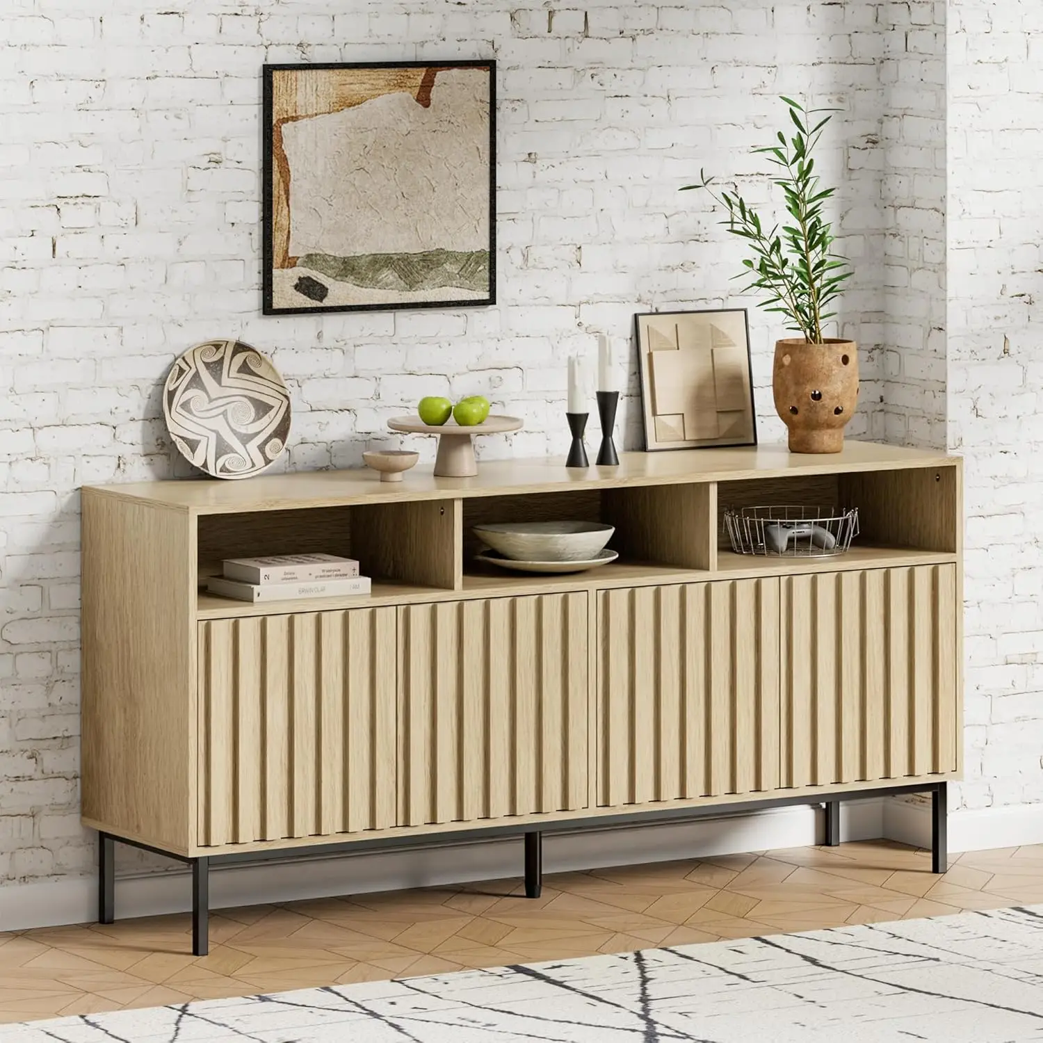 Mid Century Modern Sideboard Buffet Cabinet Storage,61.4'' Fluted Sideboard Cabinet,Buffet Cabinet Legs,Accent Credenza4 Doors